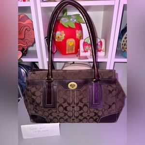 Coach Brown Signature Canvas Shoulder Bag with Dark Brown Leather Trim